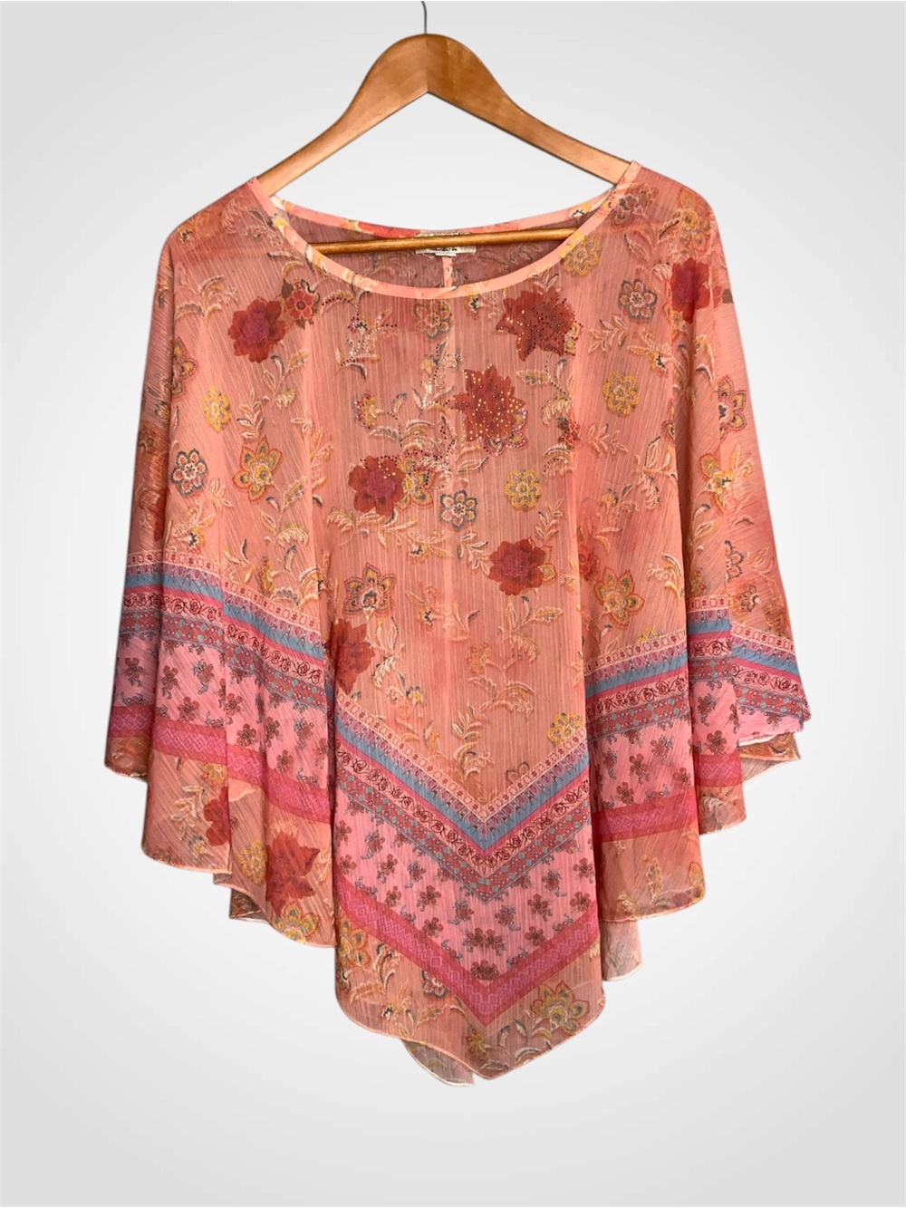 ONE WORLD Coral Floral Boho Handkerchief Poncho Sheer Blouse One Size